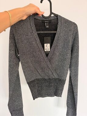 Forever 21 Gray Metallic Wrap V-Neck Sweater